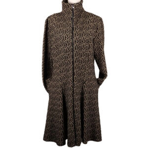 Samuel Dong Tan Black Leopard Print Funnel Neck Long Sleeve Midi Coat Dress